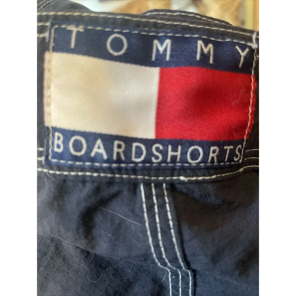 Vtg Tommy Hilfiger Men's L Board Shorts Swim Trunks Navy w. Stripe